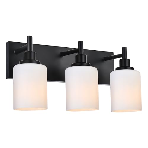 Image of MELUCEE 3-Light Black Bathroom Light Fixtures, Modern Vanity Light Over Mirror Wall Sconces with Milky White Frosted Glass Shades, Suit for Bathroom Dressing Room Laundry Room Kitchen, E26 Socket