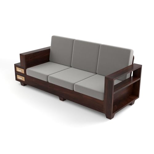 Image of Sheesham Wood 7 Seater Sofa Set with 2 Drawer Storage | 3+2+2 Wooden Sofa Set Furniture for Living Room Home Office (Natural Cane,Walnut Finish)