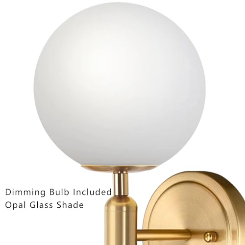 Image of Dimmable Wall Sconces with Knob Switch Hardwired Bathroom Wall Light Set of Two Decor Indoor Glass Globe Shade Gold Mid Century Modern Wall Lamp for Bedside Bedroom Living Room