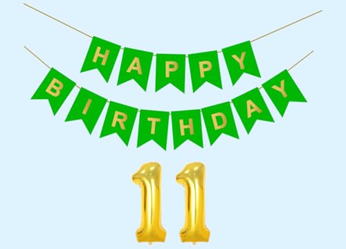 Image of 11th Happy Birthday Decoration Kit Green for 11 year Old Boys Girls Teenage with Number Eleven Party Decorations Decor Celebration Items Item Set Combo Reusable Paper Banner