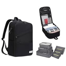 Mochila Viaje Cabina Avion 40x20x25 para Mujer y Hombre con Set Organizador Maleta. Bolsa Equipaje Mano Medidas Aptas Bajo Asiento Avión para Ryanair, Vueling, Easyjet (L, Negro)