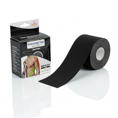 Image of PulseITSportsTape Kinesiology Tape- Waterproof & Sweatproof Sports Tape for Muscle Support, Pain Relief & Injury Recovery | Athletic Physio Tape for Knee, Shoulder, Ankle. 5cm x 5m (Plain, Black)