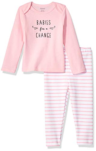 Hanes Ultimate Baby Flexy 2 Piece Set (Pant with Long Sleeve Crew Tee), Pink Stripe, 0-6 Months