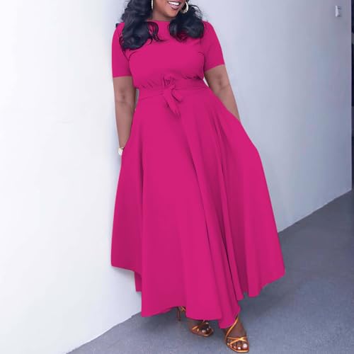 Image of BFFBABY Plus Size Dress A Line Dresses for Women Summer Long Dresses with Sleeve Casual Belted
