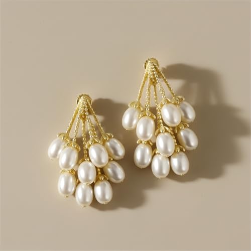 Image of ECLATS Pearl Drop Earrings, White and Gold Alloy Steel, Round Freshwater Pearls, Dangle Style, Push Back, Medium Size, Polished Finish, 2 Pieces