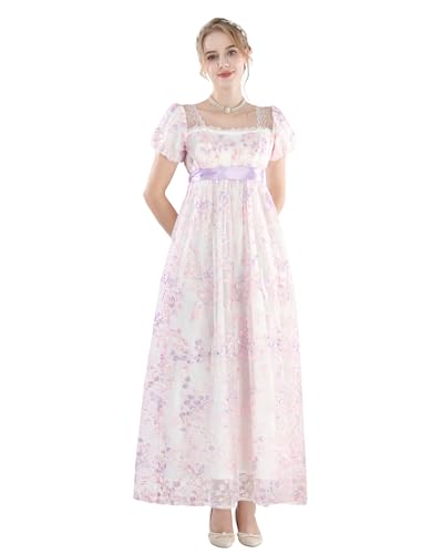 FCCAM Violett Regency Kleider für Frauen 1800er Vintage Kleid Viktorianisches Ballkleid mit Handschuhen,XL