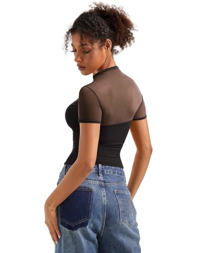 SUUKSESS Women Sexy Mesh Sheer Short Sleeve Tops Mock Neck Ruched Going Out Shirts3