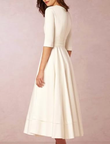 Women's Tea Length Wedding Dresses for Bride Satin Simple A Line Midi Formal Bridal Dress with Sleeves2