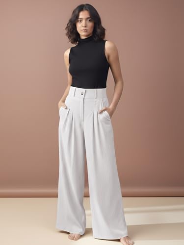Image of GRECIILOOKS Trousers for Women High Waist | Wide Leg Trousers | Office Wear Pleated Korean Pants for Women's | Elegant Formal Pants