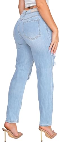 ZonJie Jeans for Women High Waist Wide Leg Distressed Raw Hem Destroyed Straight Leg Stretchy Denim Pants3