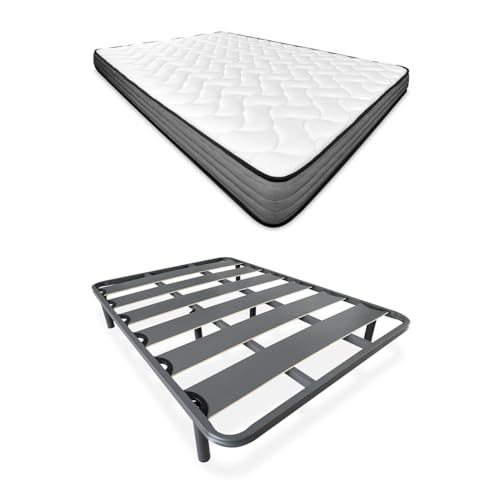 Homey - Cama Completa con Colchón Andrea Reversible (Cara Invierno/Verano) + Somier Reforzado 40x30mm con 6 Patas Metálicas...