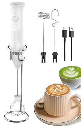 CPENSUS Coffee frother Electric with 3 Whisker & Stand 3-Speed Adjustable 1100mAh Battery Milk Blender Beater Handheld Foam Maker Mixer Gift 11000 RPM Lattes Cappuccino (4 in 1 White)