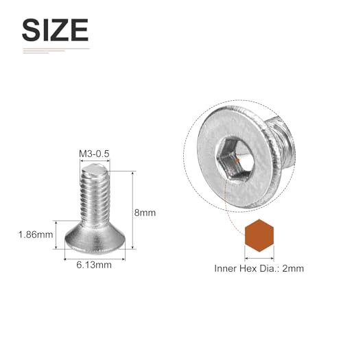 Image of DTGN M3-0.5 x 8mm Flat Head Socket Cap Screws, 100 Pack 304 Stainless Steel Hex Socket Flat Head Screws, Full Thread, Countersunk Bolts