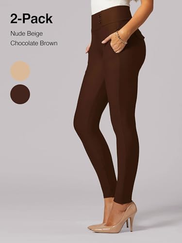 Conceited 2-Pack Stretch Slacks for Women - Wear to Work - Slim Leg Dress Pants with Pockets - Khaki, Brown - (Large)3