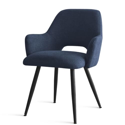 Image of Finch Fox Motel Luxurious Home Collection Upholstery Fabric Arm Dining Room Chairs in Dark Blue Color with Black Metal Powder Coated Legs (Set of 2)