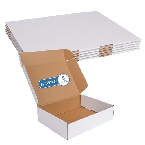 Fishat Large 12" x 9" x 3" White Corrugated Cardboard Shipping Boxes Set of 5, Sturdy Mailing Box for Business, Packing, Literature Mailer and Storage