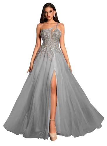 Silver A Line Prom Dresses for Women Tulle Spaghetti Straps Asymmetric Neck Lace Ball Gown Long for...
