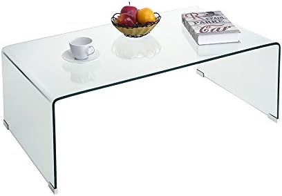 Inwellhome Modern Tempered Glass Coffee Table 10mm Thick Bent Curved Clear Glass Console Table 100x55x35.5cm