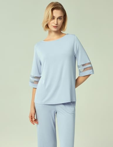 Image of GYS Bamboo Viscose Capri Pajamas for Women Set Cooling 3 /4 Sleeve Pjs | Moisture-Wicking Sleepwear for Night Sweats, OEKO-TEX Certified, Gentle on Sensitive Skin, Soft Sleep Lounge Sets