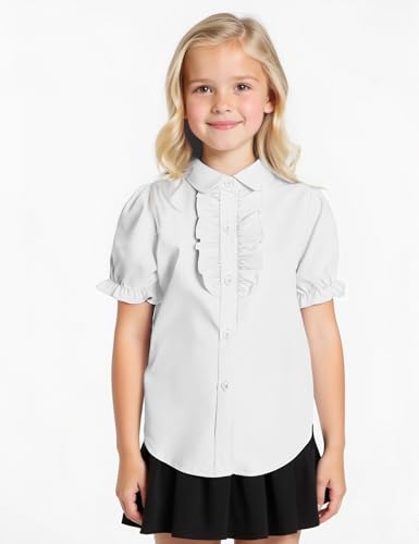 Girls Short Sleeve Button Down Shirts Ruffle School Uniform Crop Tops Peter Pan Collar Plaid Blouse 4-13Y3