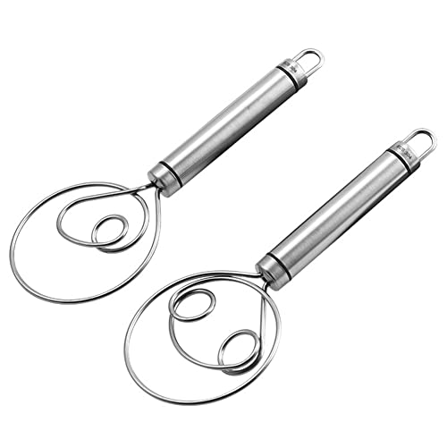 2PCS Bread Whisk, Dutch Style Whisk, Wooden Dough Whisk, Stainless Steel Pastry Whisks, Flour Mixing Tool Flour Egg Mixing Stick Whisk Kitchen Tool Bread Mixer for Bread, Batter, Cake