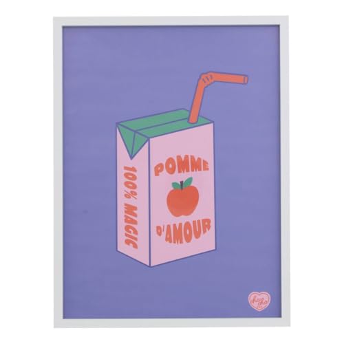 Atmosphera x Cha Cha Pop - Tableau Encadré Pomme d'amour Illustration Brique de Jus Pop - 31,5 x 41,5 cm - Cadre Bois et Verre - Décoration Murale pour...