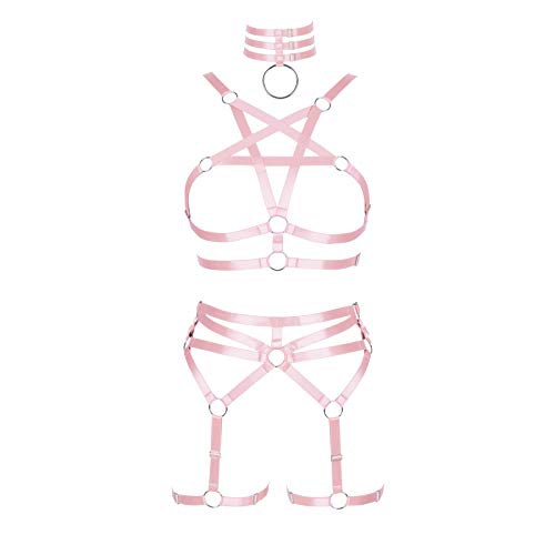 BBOHSS Femmes corps harnais pentagramme soutien-gorge ensemble Punk jarretière jambe taille danse élastique gothique carnaval accessoires (Rose)