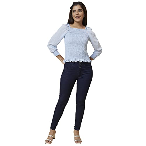 Image of Globus Women Blue Self Design Square Neck Fitted Top