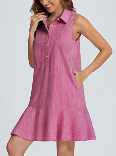 Image of Women Sleeveless Mini Dress Button Down Shirt Dress V Neck Reffle Hem Cotton Linen Tunic Short Dress