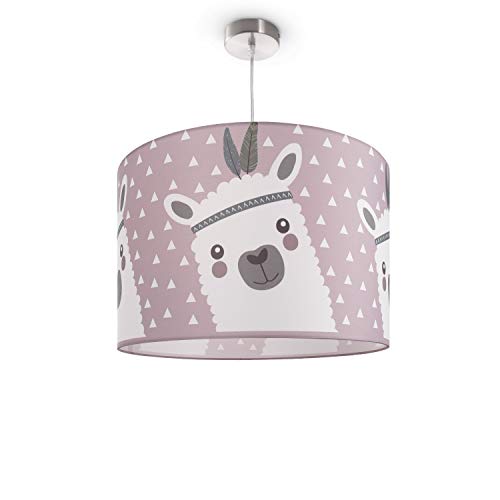 Preisvergleich Produktbild Kinderlampe Deckenlampe LED Pendelleuchte Kinderzimmer Lampe Lama-Motiv, E27, Lampenschirm: Pink (Ø45.5 cm), Lampentyp: Pendelleuchte Silber