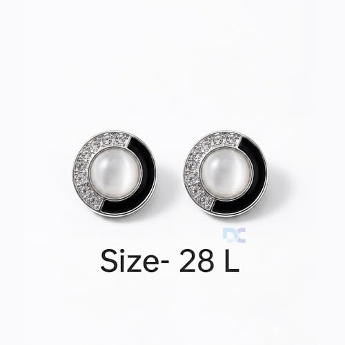 Image of Pack of 6 Silver Buttons with Pearl Finished Centre Black Enamel and Rhinestones Diameter 18 mm, (28L) for Sewing Blazers Jackets and Art and Craft