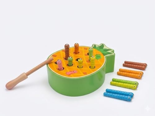 Image of HAPPY HUES Sorting & Stacking Toy- Skills Enhancement Motor Skill Toys for Toddlers /Kid -Magnetic- Capture The Worms Toys | Early Educational-Montessori Toy (Pineapple)