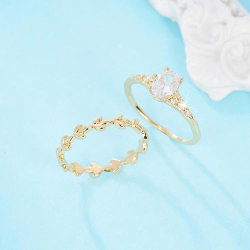 2pcs/set Gold Plated Cubic Zirconia Inlaid Wheat Leaf Design Stackable Engagement Ring Set Wedding Bridal Band Promise Rings Evening Parties Anniversary Valentine's Day Gifts Eternity Bands for Women4