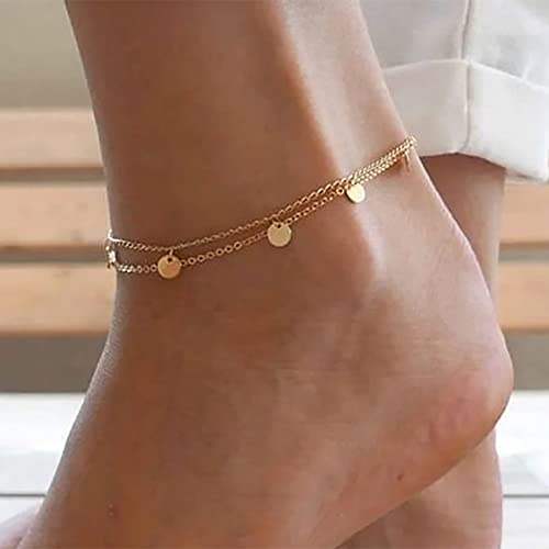 Ascomy 14K Gold Plated Ankle Bracelets For Women Tiny Cute Two Layered Disc Link Cable Chain Anklet Dainty Simple Anklets For Teen Girls Minimalist Summer Beach Foot Chain Gold Anklet Jewelry Gifts #TOP3
