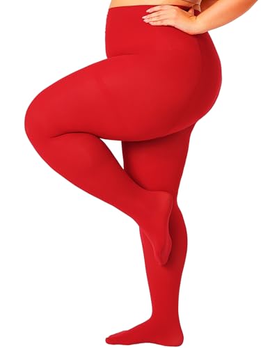 Image of Plus Size Opaque Tights for Women 240D Soft Solid Color Footed High Waist Control Top Pantyhose