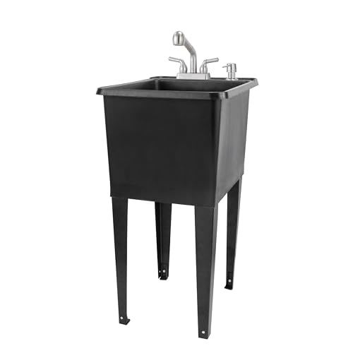 Image of Space Saver Utility Sink by JS Jackson Supplies, Pull-Out Faucet, Soap Dispenser, Black Tub (Stainless)