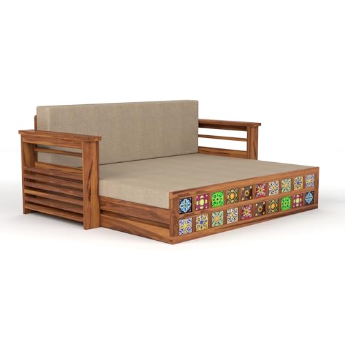 Image of Mamta Furniture Sheesham Wood Sofa Cum Bed with Storage Handcrafted Ceramic Tile Design Wooden Sofa Set for Living Room Bedroom 3 Seater Convertible Sofa Bed in Honey Finish