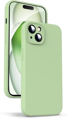 Image of DIZORO Compatible with iPhone 15 Camera Protection Case 6.1, Slim Liquid Silicone 3 Layers Full Covered Soft Gel Rubber Phone Case Protective Cover -Matcha