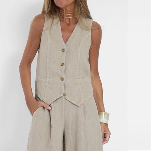 Mrat Damen-Weste und Hose, Set aus Baumwollleinen, Sommer-Trainingsanzug, komplettes Set, 2-teiliges Outfit, ärmellos, V-Ausschnitt, Knopf, Weste, weite Beinhose, 2-teiliger Blazer, Anzug, Business