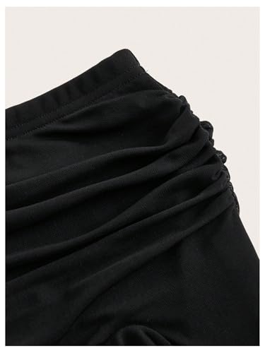 WDIRARA Women's Ruched Ruffle High Slit Midi Skirt Elastic Waist Asymmetrical Hem Skirts3