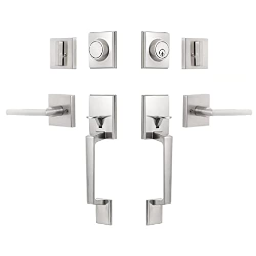 GUA OYH Double Front Door Handle Set with Lever, Satin Nickel Handleset with Dummy Heavy Duty Lock Set for Front or Office Doors
