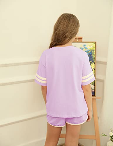 Simtuor Girls Sport T-Shirt And Shorts Set Casual Short Sleeve Athletic Tracksuit Shorts With Pockets Purple #TOP2