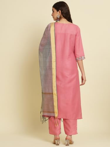 Image of VredeVogel Women's Cotton Blend Kurta Pant Set with Chanderi Silk Dupatta