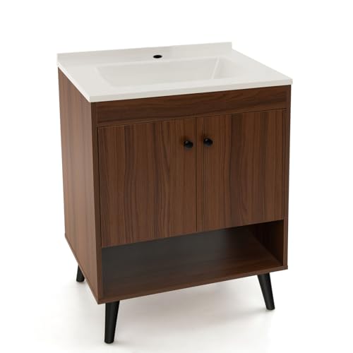 Giantex 63.5cm Under Sink Bathroom Cabinet, Vanity Unit Under Sink Cabinet with Doors, Open Shelf, Vessel Sink Combo Bathroom Storage(Walnut)