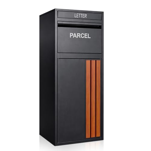 BELOFAY Floor Mounted Parcel Box Lockable Outdoor Parcel Delivery Box Weatherproof Steel Drop Box with Flip Lid & Secure Front Door Access Black 38D x 45W x 102.4cm