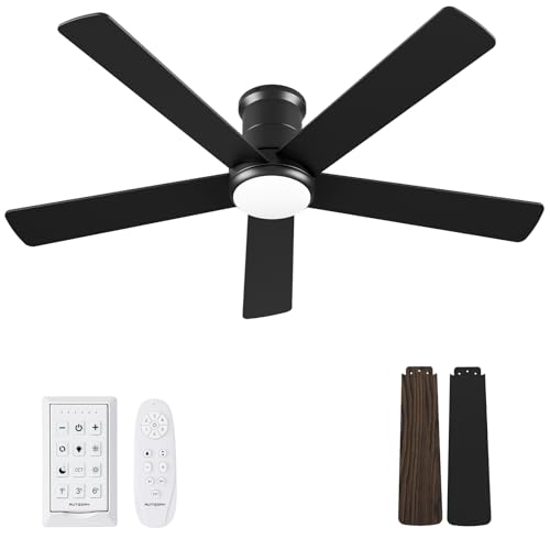 Autoday 52 Inch Ceiling Fans with Lights and Remote - Black Flush Mount Ceiling Fan with Light Low Profile, 6 Speeds, Quiet DC, 3CCT Dimmable, Indoor Outdoor Ceiling Fans for Patios Bedroom