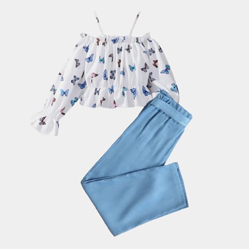 Image of Girls' 2 piece outfit Butterfly Off-shoulder spaghetti Trim Top and Pants set 7-13 Years
