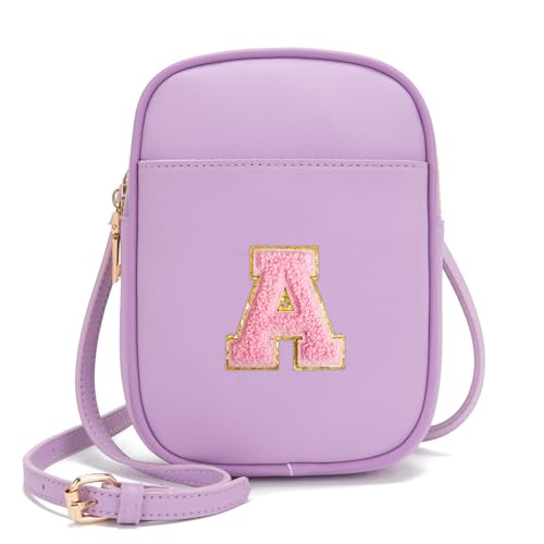 Toddler Purse Initial Crossbody Bags for Girls 3 Pockets PU Leather Cross Body Bag Crossbody Purse Handbag Personalized Preppy Teen Girl Gifts Trendy Stuff (Lavender A)