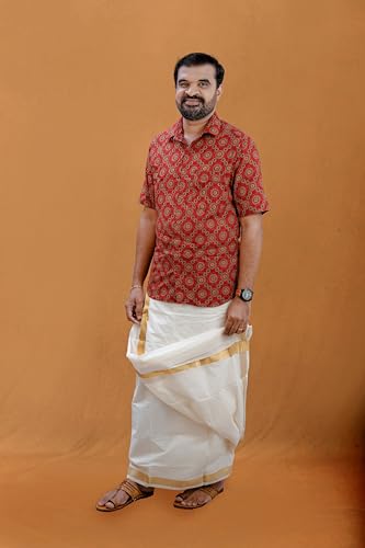 Men’s Dhoti/Veshti – Pure Cotton Double Layer Mundu with 2" Golden Kasavu Border | Traditional Wear