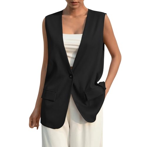 Womens Vest Top Trendy Button V Neck Summer Long Suit Vest with Pockets Dressy Casual Sleeveless Blazer Tops